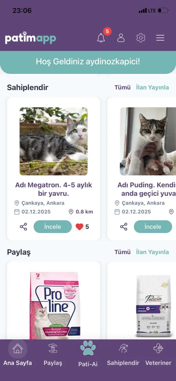PatimApp ana sayfa: sahiplendirme ve paylaşım ilanları