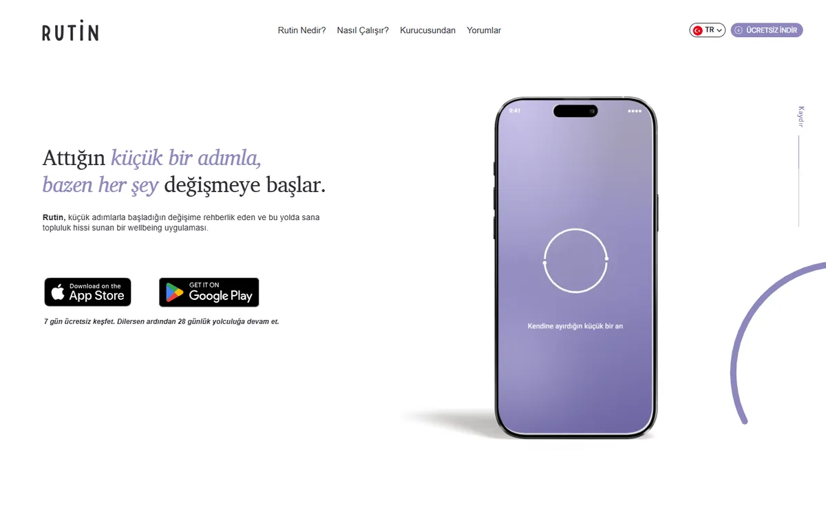 Rutin uygulamasının tanıtım sitesi